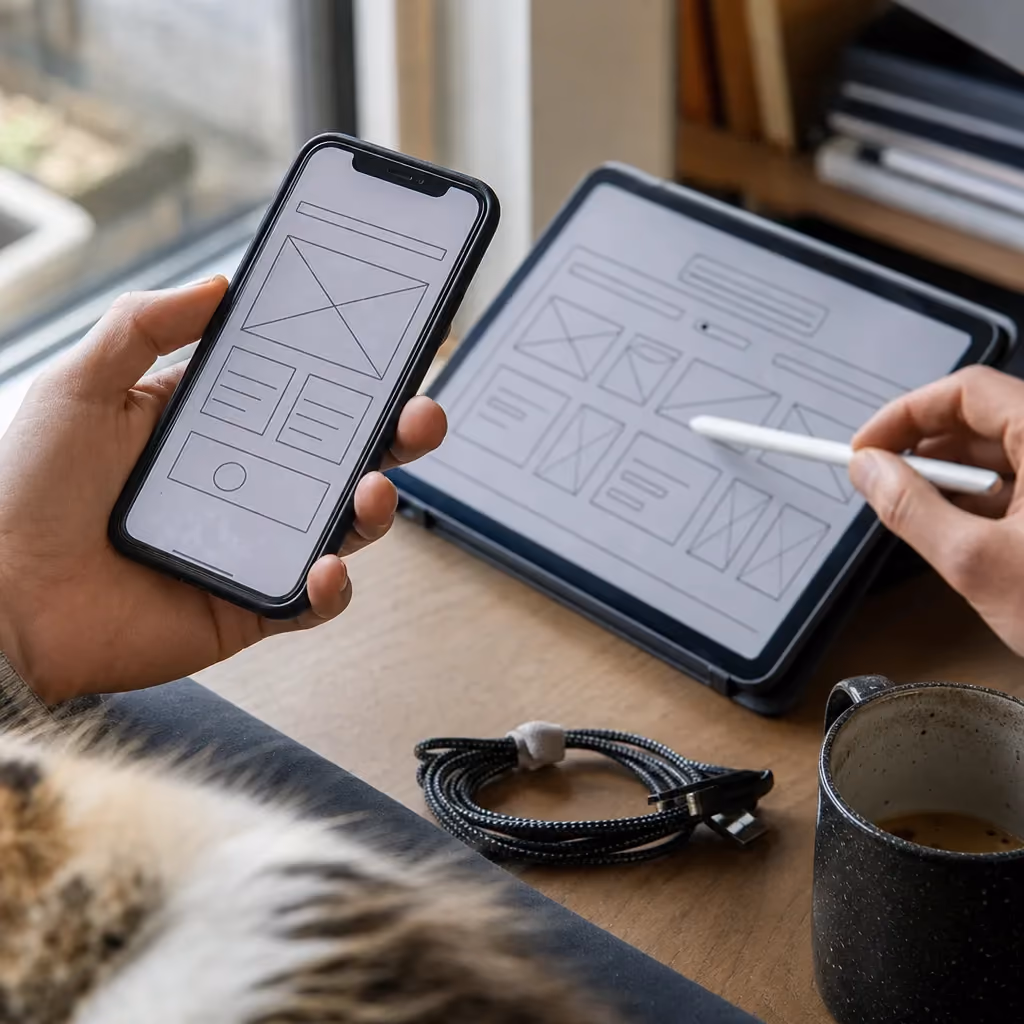 Hands comparing smartphone wireframe prototype to tablet app design in Lincoln